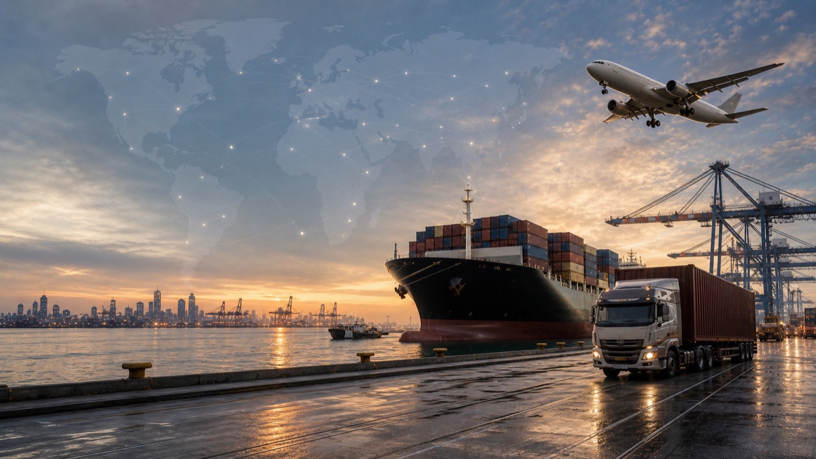World map with global shipping routes connecting major ports and trade lanes