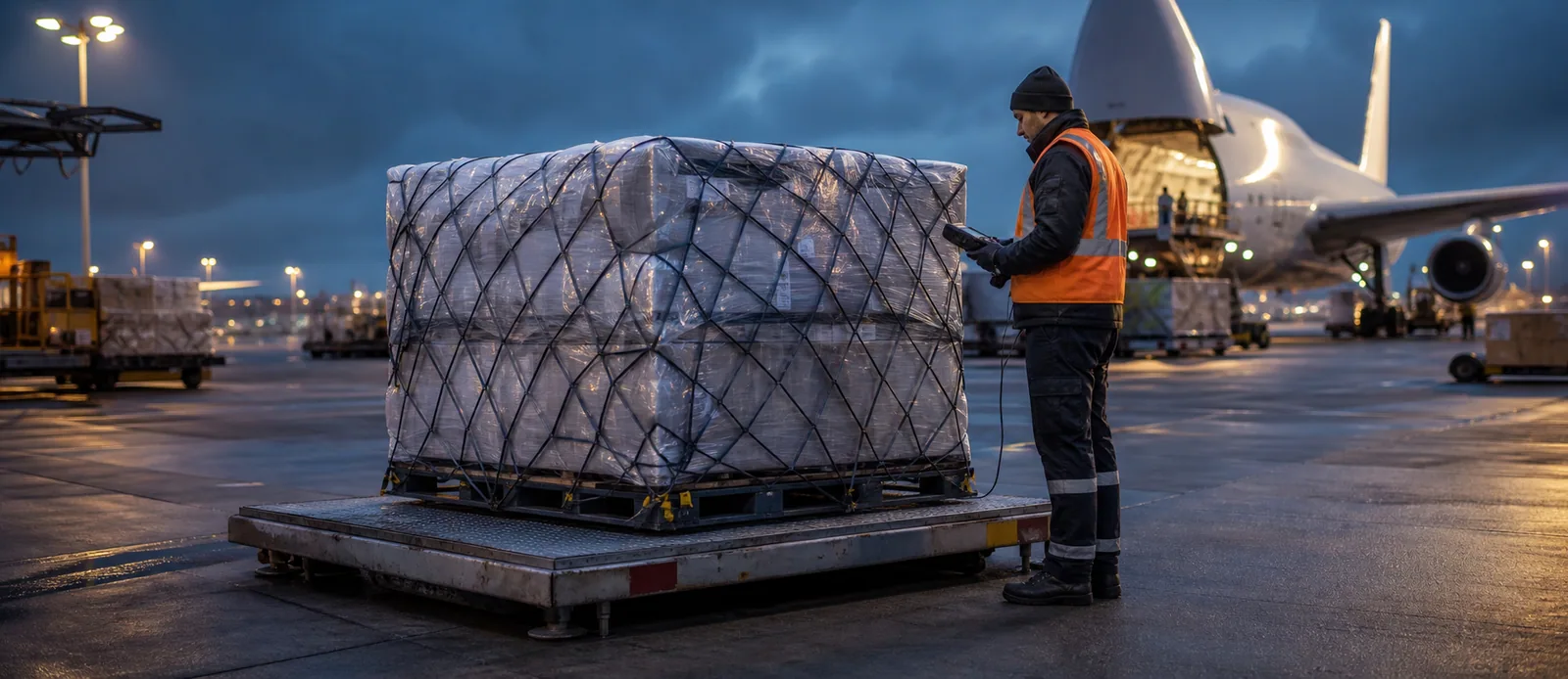 Logistics worker weighing an air cargo pallet beside a freighter aircraft