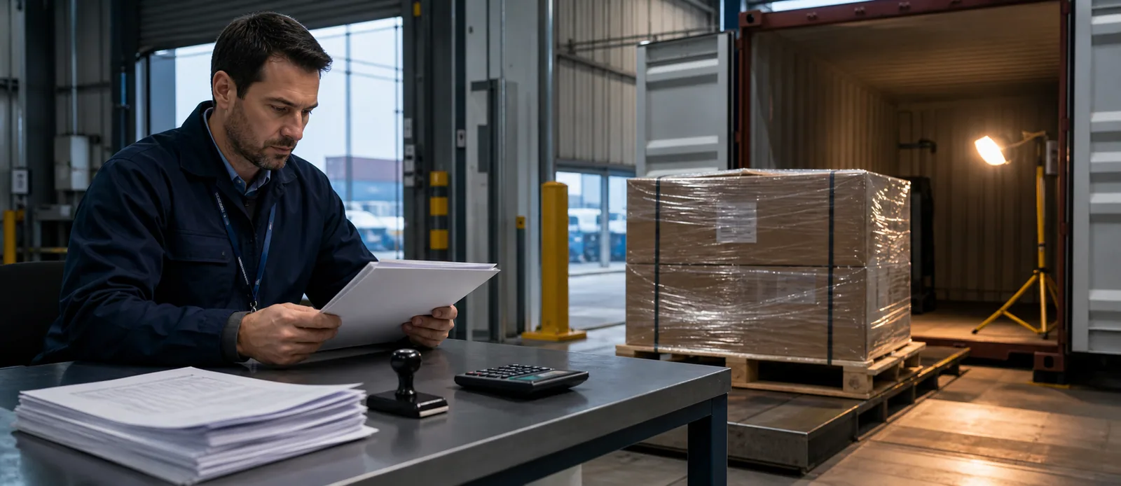 Customs broker reviewing clearance documents during a container inspection