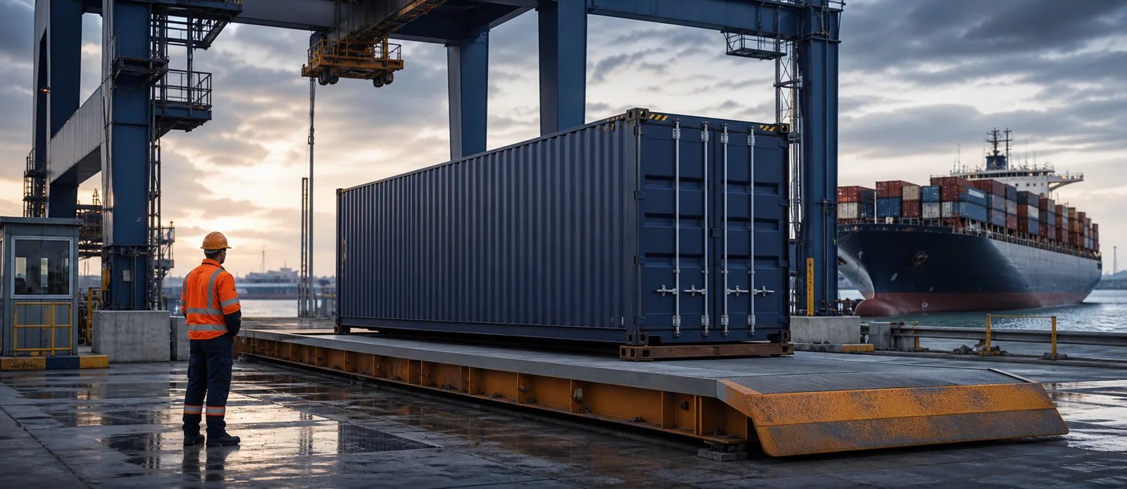 Full shipping container being weighed under a port gantry