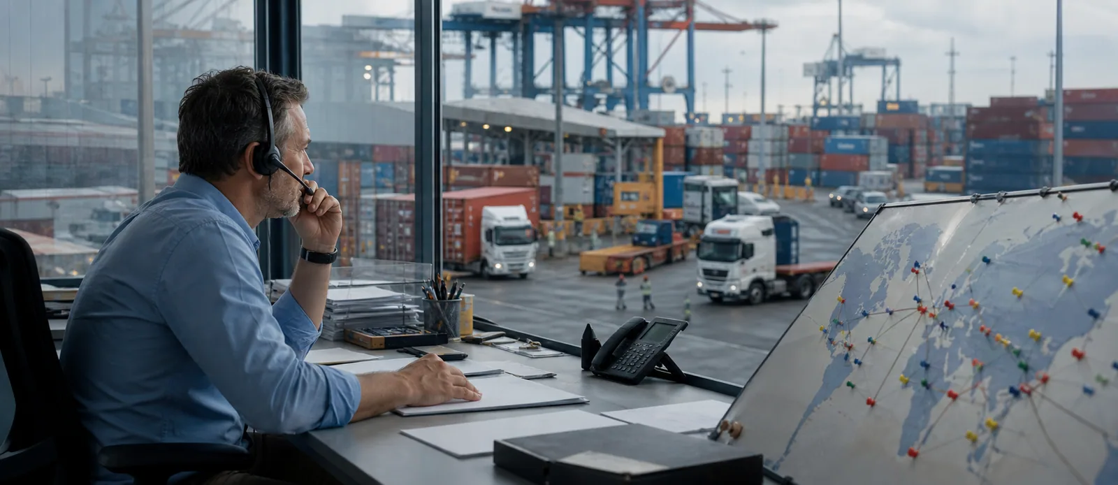 Freight forwarder coordinating a booking overlooking a container terminal
