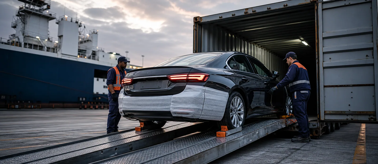 Workers loading a protected sedan into a shipping container