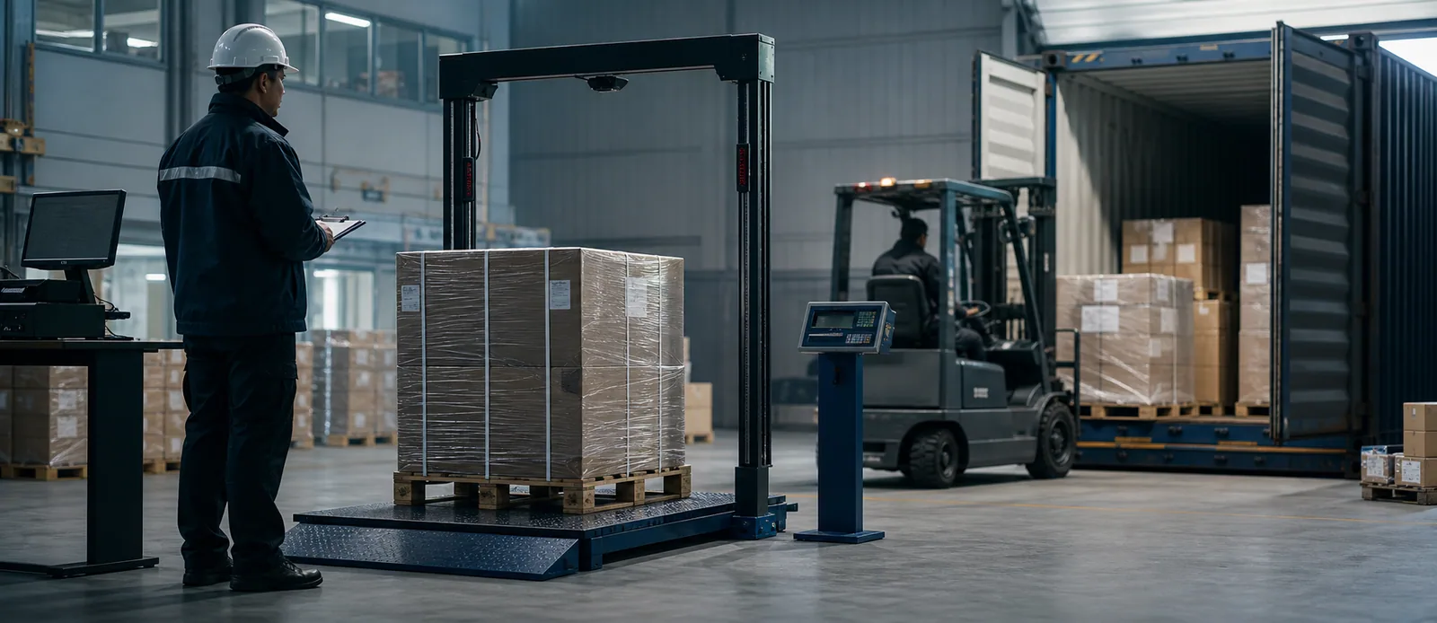 LCL pallet moving through weighing, measurement and container consolidation