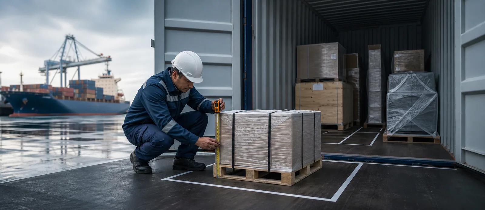 Cargo specialist measuring pallet volume inside a shared container