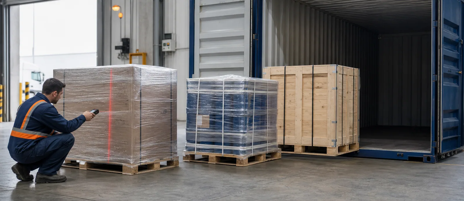 Warehouse worker measuring multiple LCL pallets beside an open container