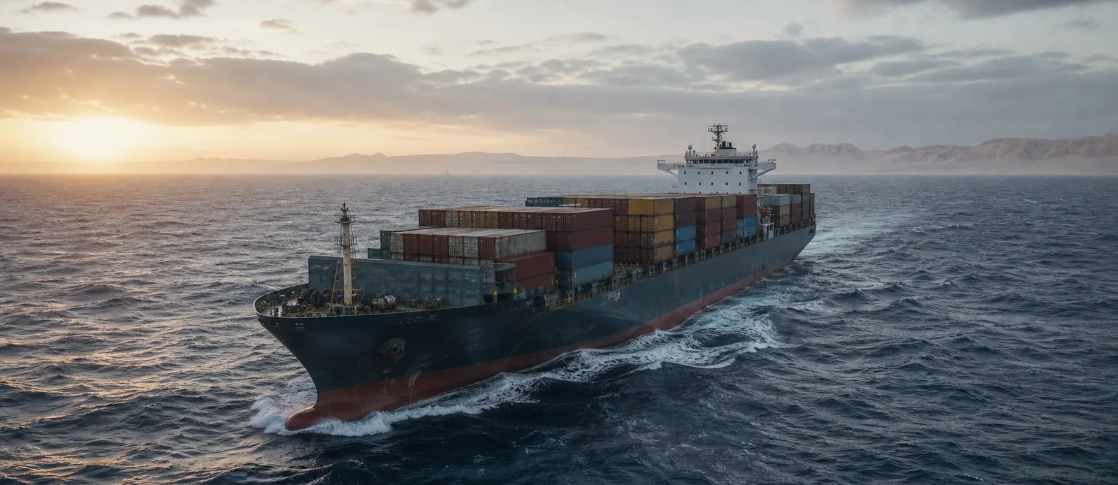 Container ship sailing through the Red Sea at sunrise
