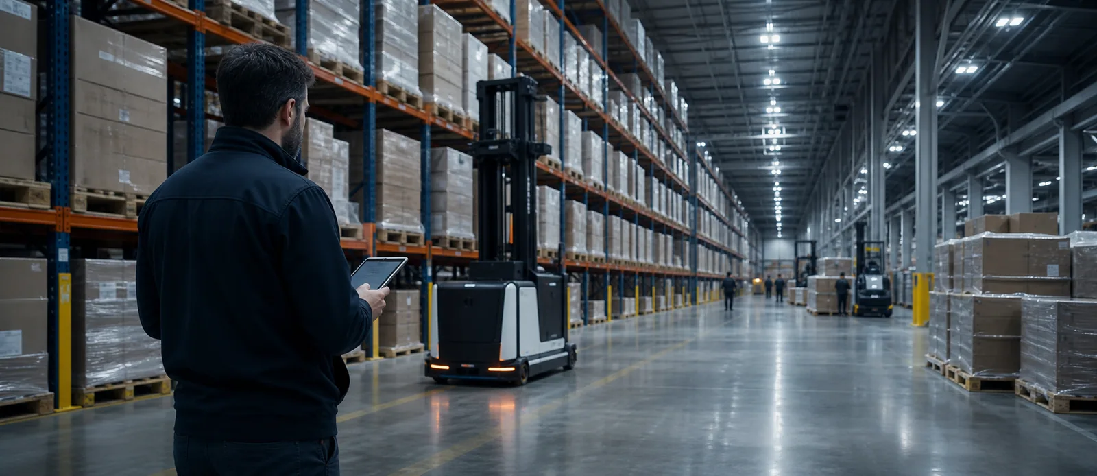 Warehouse manager monitoring pallet storage and automated handling